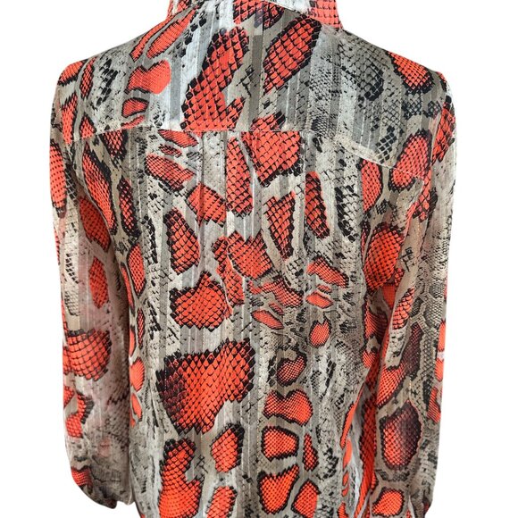 O c Small Orange Snakeskin Shimmery Sheer Long Sleeve Button Blouse - Picture 7 of 8